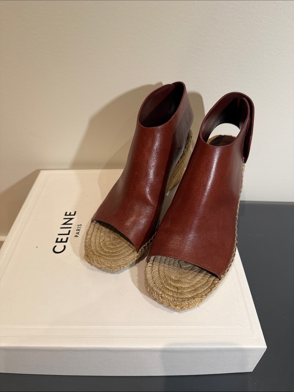 Celine Brown Leather Espadrille Wedge Sandals